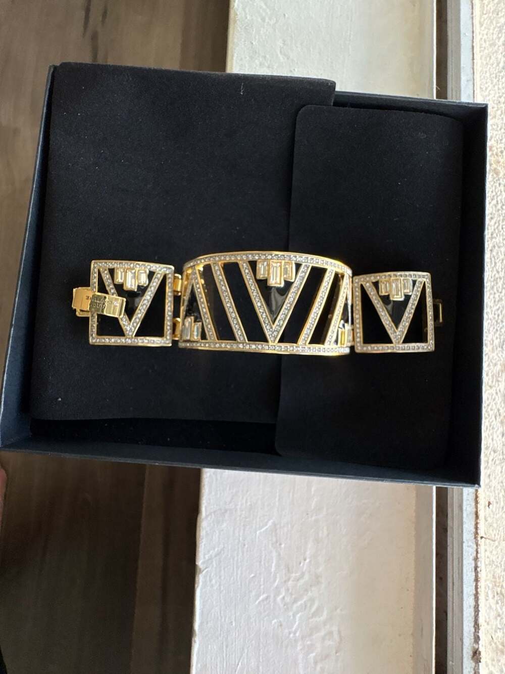 Juicy Couture Gold-Tone Geometric Art Deco Style Crystal Cuff Bracelet - Picture 1 of 6